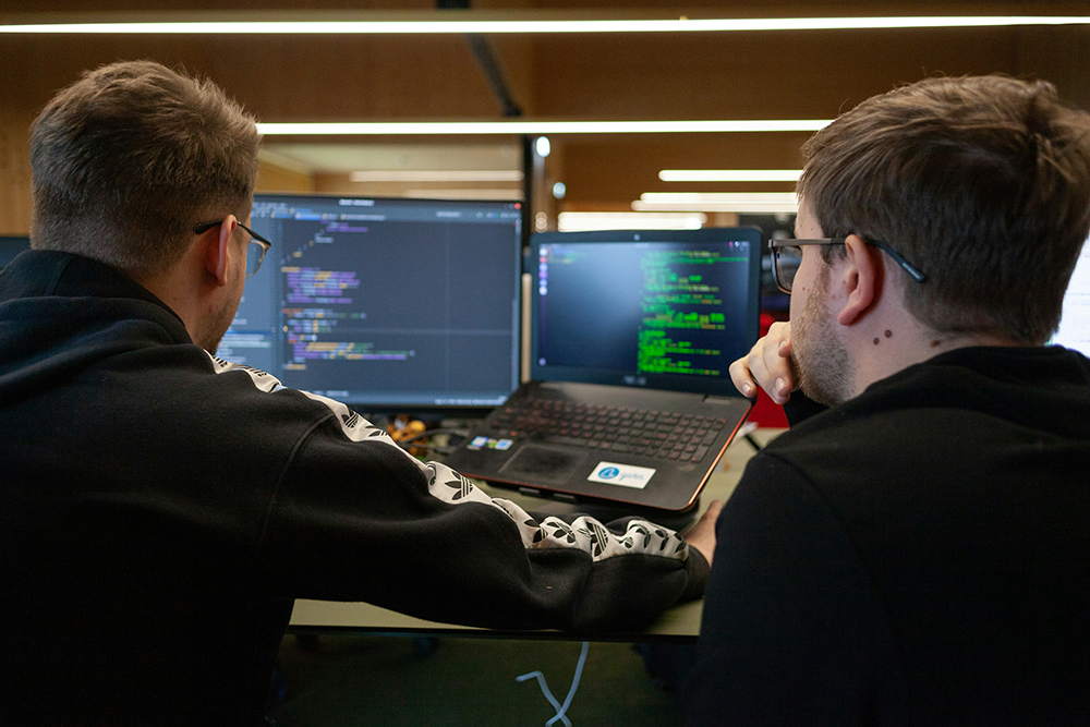 two men in front of computer showing code - IT sustainability in businesses